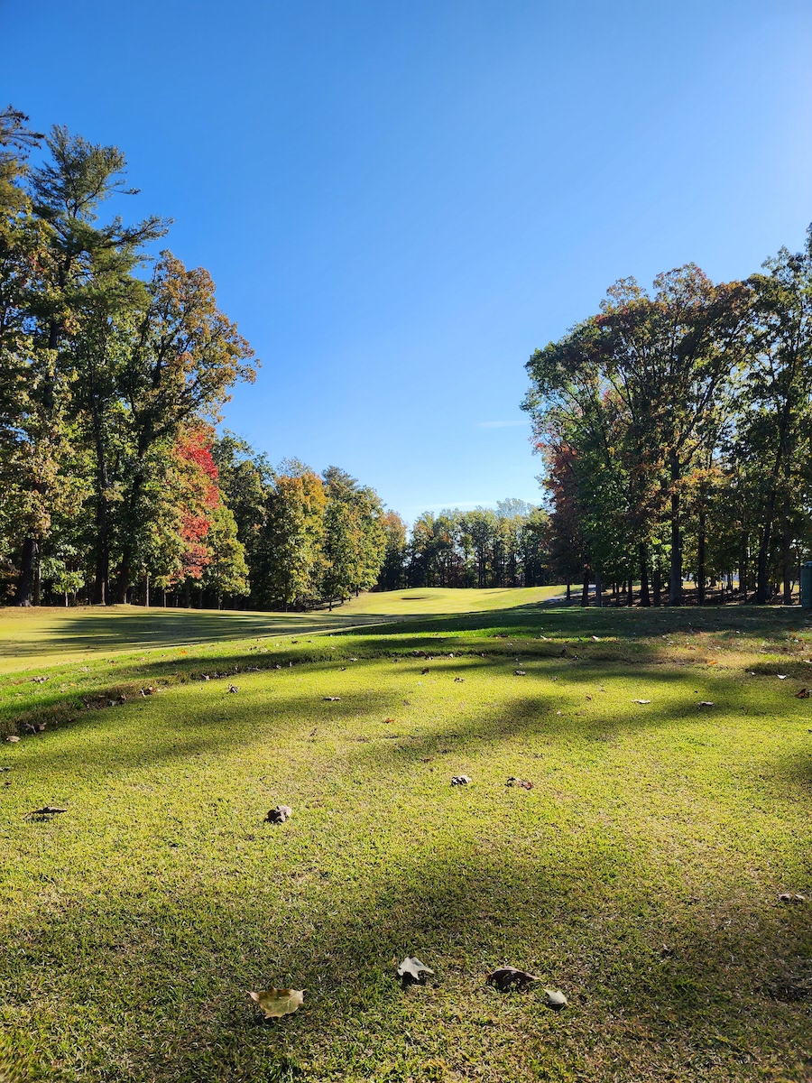 Picturesque view of a golf course enveloped by trees in Crozet, VA